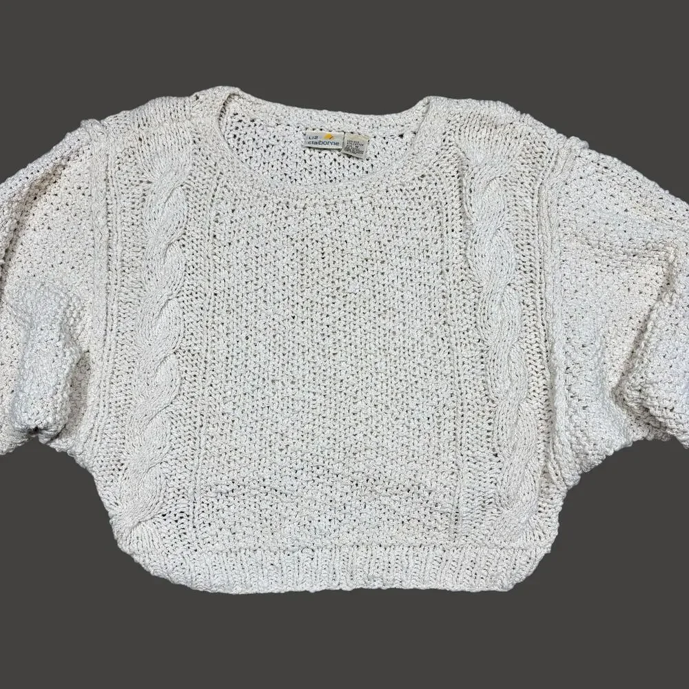 Liz Claiborne Vintage Silk Cotton Chunky Loose Knit Cream Crop Sweater Medium